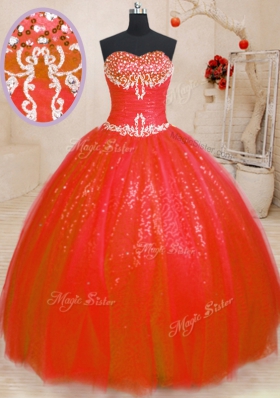 Red Ball Gowns Beading Quinceanera Gown Lace Up Tulle and Sequined Sleeveless Floor Length
