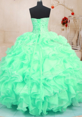Sleeveless Organza Floor Length Lace Up Sweet 16 Quinceanera Dress in Apple Green for with Beading and Ruffles