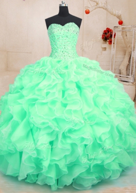 Sleeveless Organza Floor Length Lace Up Sweet 16 Quinceanera Dress in Apple Green for with Beading and Ruffles