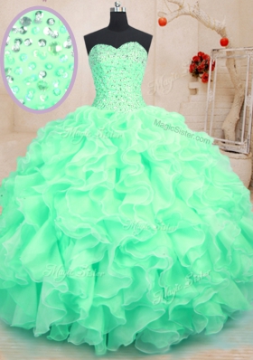 Sleeveless Organza Floor Length Lace Up Sweet 16 Quinceanera Dress in Apple Green for with Beading and Ruffles