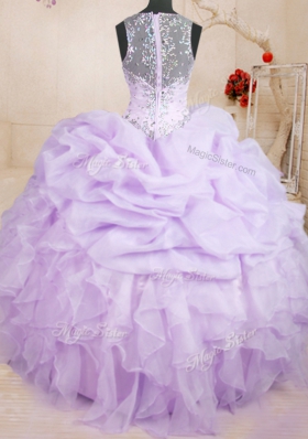 Superior Floor Length Lavender Ball Gown Prom Dress Organza Sleeveless Beading and Ruffles and Pick Ups