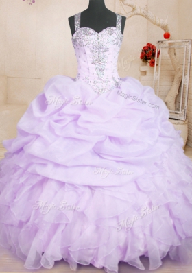 Superior Floor Length Lavender Ball Gown Prom Dress Organza Sleeveless Beading and Ruffles and Pick Ups