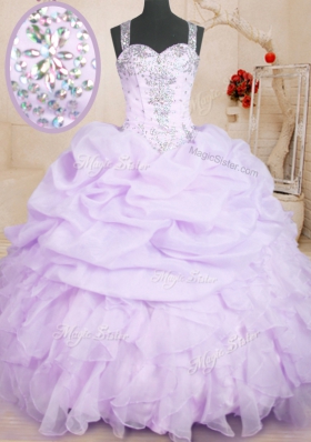 Superior Floor Length Lavender Ball Gown Prom Dress Organza Sleeveless Beading and Ruffles and Pick Ups