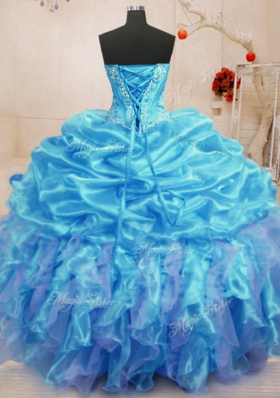 Sweet Aqua Blue Sweet 16 Dress Military Ball and Sweet 16 and Quinceanera and For with Beading and Ruffles Sweetheart Sleeveless Lace Up