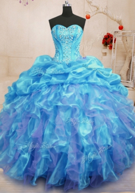 Sweet Aqua Blue Sweet 16 Dress Military Ball and Sweet 16 and Quinceanera and For with Beading and Ruffles Sweetheart Sleeveless Lace Up