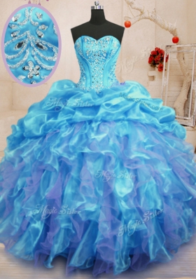Sweet Aqua Blue Sweet 16 Dress Military Ball and Sweet 16 and Quinceanera and For with Beading and Ruffles Sweetheart Sleeveless Lace Up