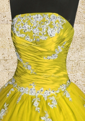 Appliques and Ruching Quince Ball Gowns Yellow Lace Up Sleeveless Floor Length