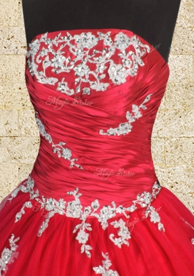 Beauteous Red Sleeveless Floor Length Appliques and Ruching Lace Up Quinceanera Dresses