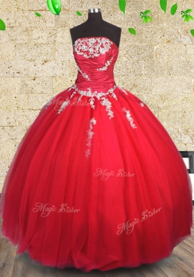 Beauteous Red Sleeveless Floor Length Appliques and Ruching Lace Up Quinceanera Dresses