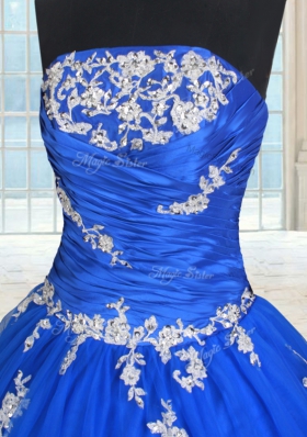 Blue Quince Ball Gowns Military Ball and Sweet 16 and Quinceanera and For with Beading and Appliques Strapless Sleeveless Lace Up