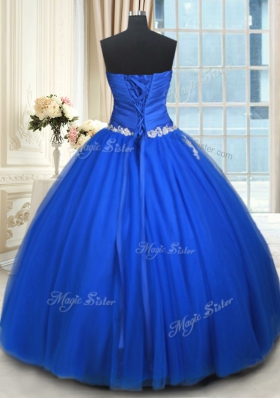 Blue Quince Ball Gowns Military Ball and Sweet 16 and Quinceanera and For with Beading and Appliques Strapless Sleeveless Lace Up