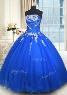 Blue Quince Ball Gowns Military Ball and Sweet 16 and Quinceanera and For with Beading and Appliques Strapless Sleeveless Lace Up