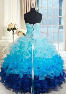Custom Design Sweetheart Sleeveless 15 Quinceanera Dress Floor Length Beading and Ruffles Multi-color Organza