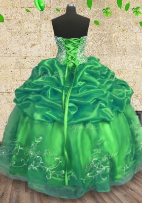 Custom Made Green Lace Up Strapless Beading and Embroidery Vestidos de Quinceanera Organza Sleeveless