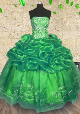 Custom Made Green Lace Up Strapless Beading and Embroidery Vestidos de Quinceanera Organza Sleeveless
