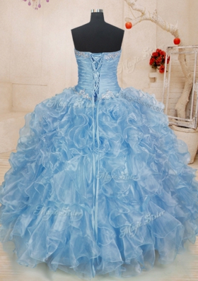 Custom Made Sweetheart Sleeveless Sweet 16 Dress Floor Length Beading and Ruffles Blue Organza
