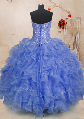 Customized Floor Length Lace Up Ball Gown Prom Dress Blue and In for Military Ball and Sweet 16 and Quinceanera with Beading and Ruffles