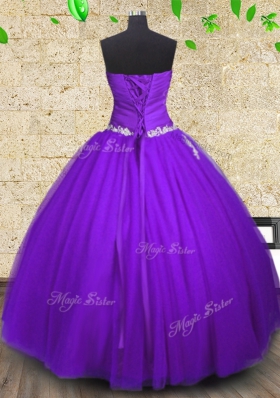 Customized Strapless Sleeveless Tulle 15 Quinceanera Dress Appliques and Ruching Lace Up