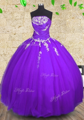 Customized Strapless Sleeveless Tulle 15 Quinceanera Dress Appliques and Ruching Lace Up