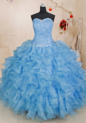 Customized Sweetheart Sleeveless Lace Up 15th Birthday Dress Blue Organza