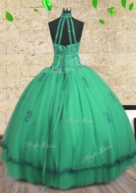 Discount Halter Top Sleeveless Tulle Floor Length Lace Up Vestidos de Quinceanera in Turquoise for with Beading