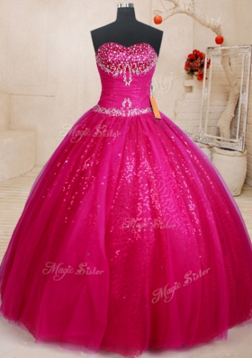 Elegant Fuchsia Ball Gowns Sweetheart Sleeveless Tulle Floor Length Lace Up Beading and Sequins Quinceanera Gowns