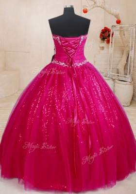 Elegant Fuchsia Ball Gowns Sweetheart Sleeveless Tulle Floor Length Lace Up Beading and Sequins Quinceanera Gowns