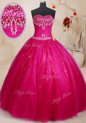 Elegant Fuchsia Ball Gowns Sweetheart Sleeveless Tulle Floor Length Lace Up Beading and Sequins Quinceanera Gowns