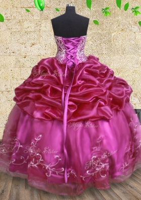 Exceptional Fuchsia Ball Gowns Strapless Sleeveless Organza Floor Length Lace Up Beading and Embroidery and Pick Ups Ball Gown Prom Dress