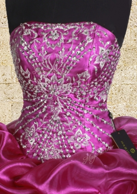 Exceptional Fuchsia Ball Gowns Strapless Sleeveless Organza Floor Length Lace Up Beading and Embroidery and Pick Ups Ball Gown Prom Dress