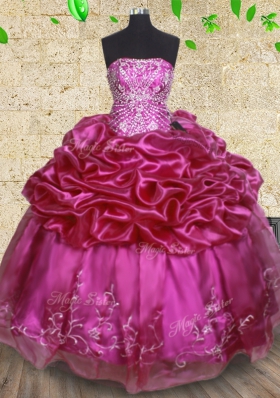 Exceptional Fuchsia Ball Gowns Strapless Sleeveless Organza Floor Length Lace Up Beading and Embroidery and Pick Ups Ball Gown Prom Dress
