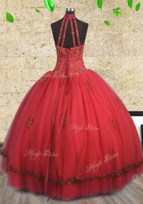 Fabulous Halter Top Red Lace Up Sweet 16 Quinceanera Dress Beading Sleeveless Floor Length