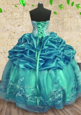 Fashion Turquoise Organza and Taffeta Lace Up Strapless Sleeveless Floor Length Vestidos de Quinceanera Beading and Ruffles