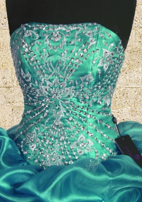 Fashion Turquoise Organza and Taffeta Lace Up Strapless Sleeveless Floor Length Vestidos de Quinceanera Beading and Ruffles