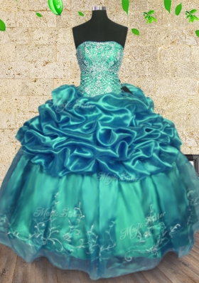 Fashion Turquoise Organza and Taffeta Lace Up Strapless Sleeveless Floor Length Vestidos de Quinceanera Beading and Ruffles