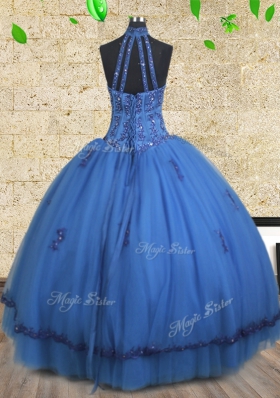 Halter Top Blue Tulle Lace Up Quinceanera Dresses Sleeveless Floor Length Beading