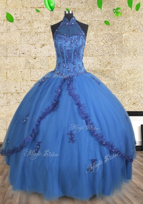Halter Top Blue Tulle Lace Up Quinceanera Dresses Sleeveless Floor Length Beading