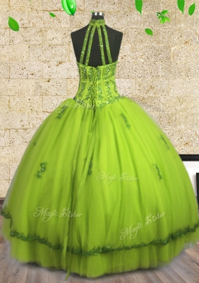 Halter Top Yellow Green Sleeveless Floor Length Beading Lace Up Quinceanera Gowns