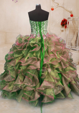 High End Multi-color Ball Gowns Beading and Ruffles 15th Birthday Dress Lace Up Organza Sleeveless Floor Length