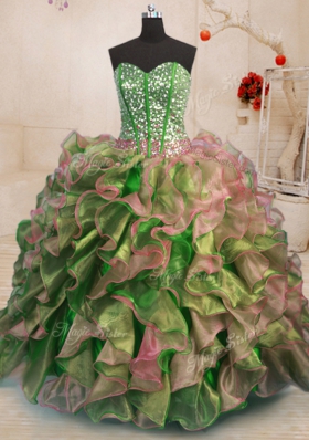 High End Multi-color Ball Gowns Beading and Ruffles 15th Birthday Dress Lace Up Organza Sleeveless Floor Length