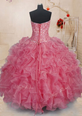 Modern Pink Sweetheart Neckline Beading and Ruffles Quinceanera Dress Sleeveless Lace Up