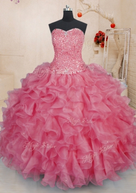 Modern Pink Sweetheart Neckline Beading and Ruffles Quinceanera Dress Sleeveless Lace Up