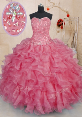 Modern Pink Sweetheart Neckline Beading and Ruffles Quinceanera Dress Sleeveless Lace Up