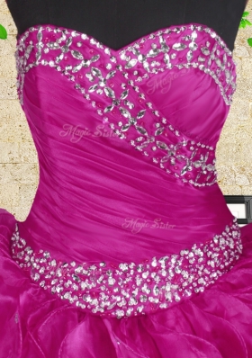 Modest Fuchsia Sleeveless Floor Length Beading and Ruffles and Ruching Lace Up Sweet 16 Dress
