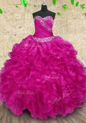 Modest Fuchsia Sleeveless Floor Length Beading and Ruffles and Ruching Lace Up Sweet 16 Dress