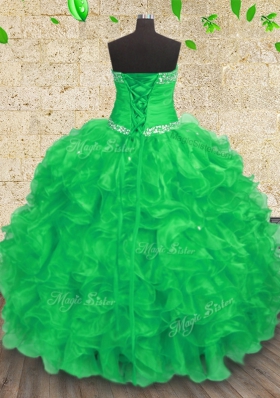 Organza Sweetheart Sleeveless Lace Up Beading and Appliques and Ruffles and Ruching Quince Ball Gowns in Green