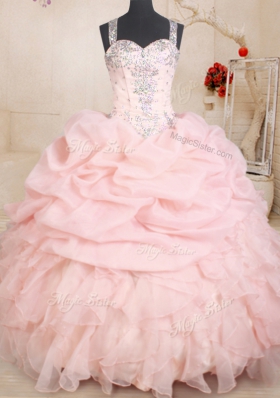 Straps Sleeveless Organza Quinceanera Gowns Beading and Ruffles and Pick Ups Zipper