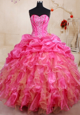 Sweet Hot Pink Ball Gowns Sweetheart Sleeveless Organza Floor Length Lace Up Beading and Ruffles and Pick Ups Quince Ball Gowns