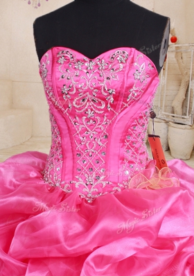 Sweet Hot Pink Ball Gowns Sweetheart Sleeveless Organza Floor Length Lace Up Beading and Ruffles and Pick Ups Quince Ball Gowns