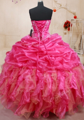 Sweet Hot Pink Ball Gowns Sweetheart Sleeveless Organza Floor Length Lace Up Beading and Ruffles and Pick Ups Quince Ball Gowns